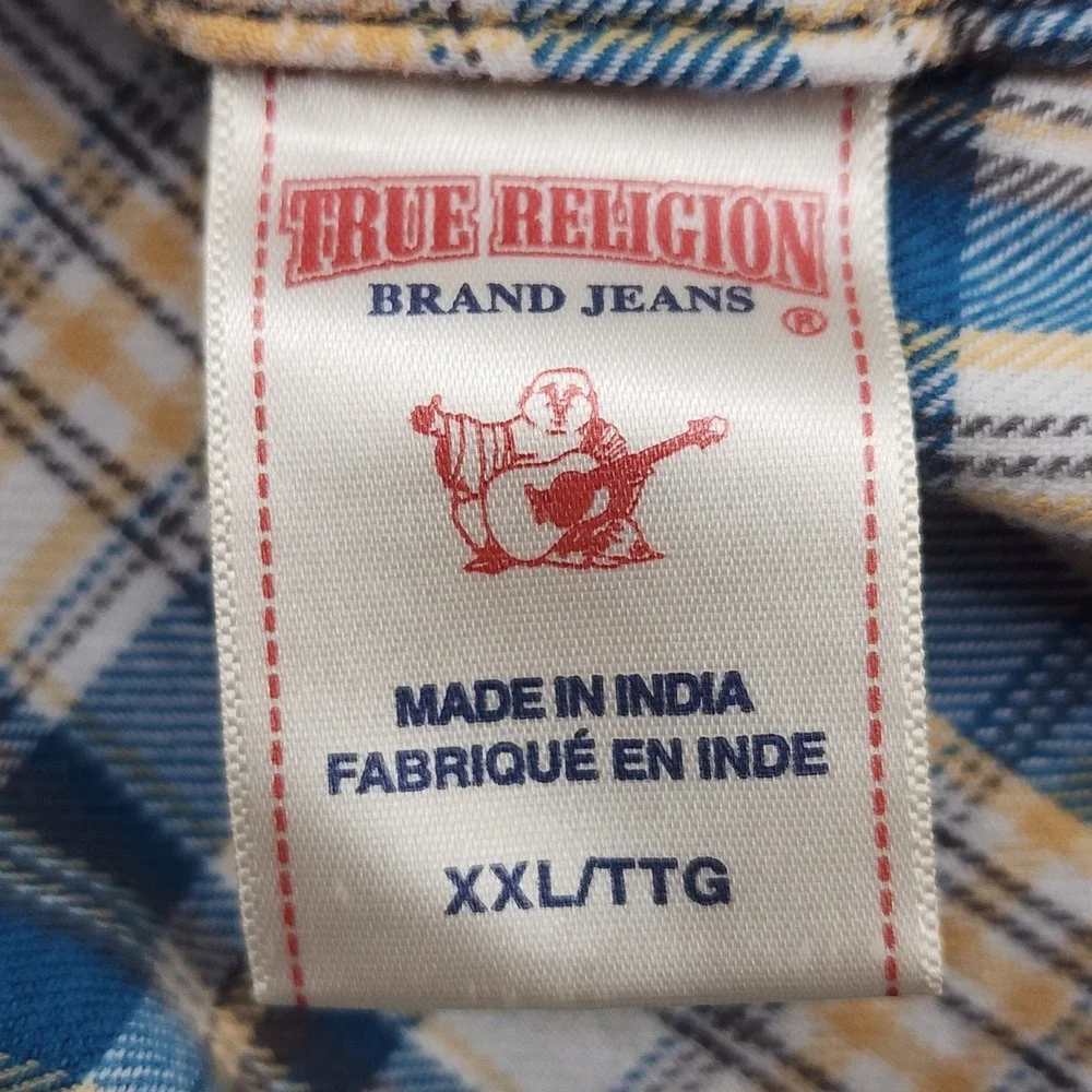 True Religion Shirt Mens 2XL Plaid Flannel Pearl Snaps Horseshoe Dual Pockets